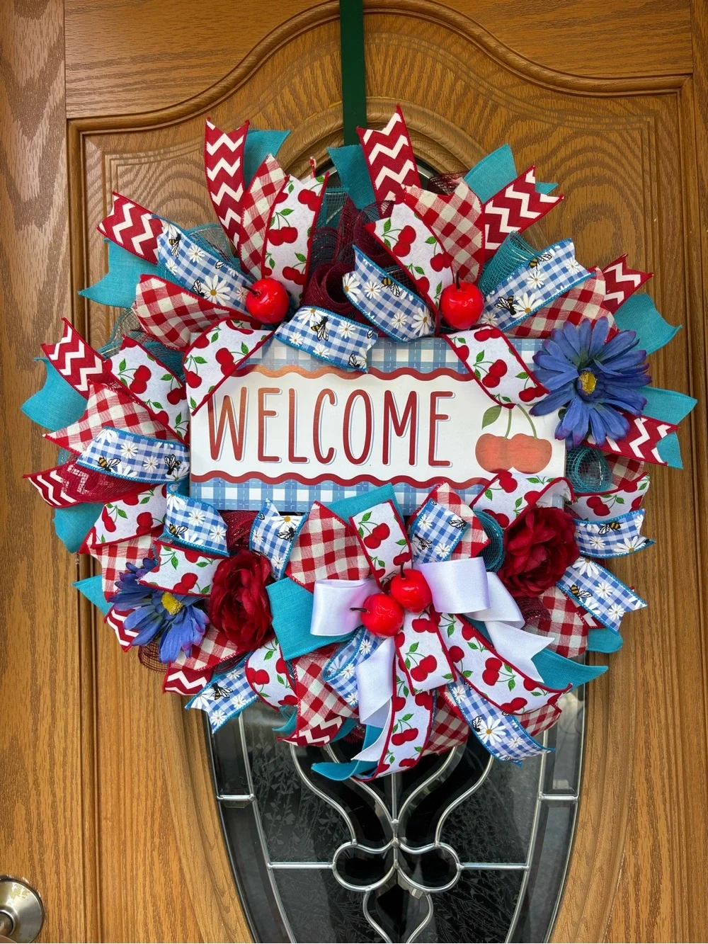 Welcome Cherry Holiday Door Wreath - Blue, Red & White